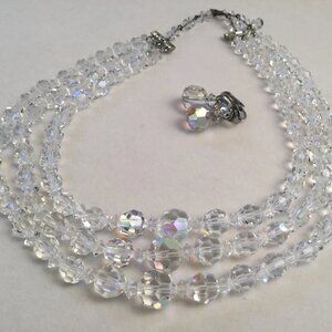 Vintage 3-Strand Crystal Bead Necklace & AB Drop Earrings Set